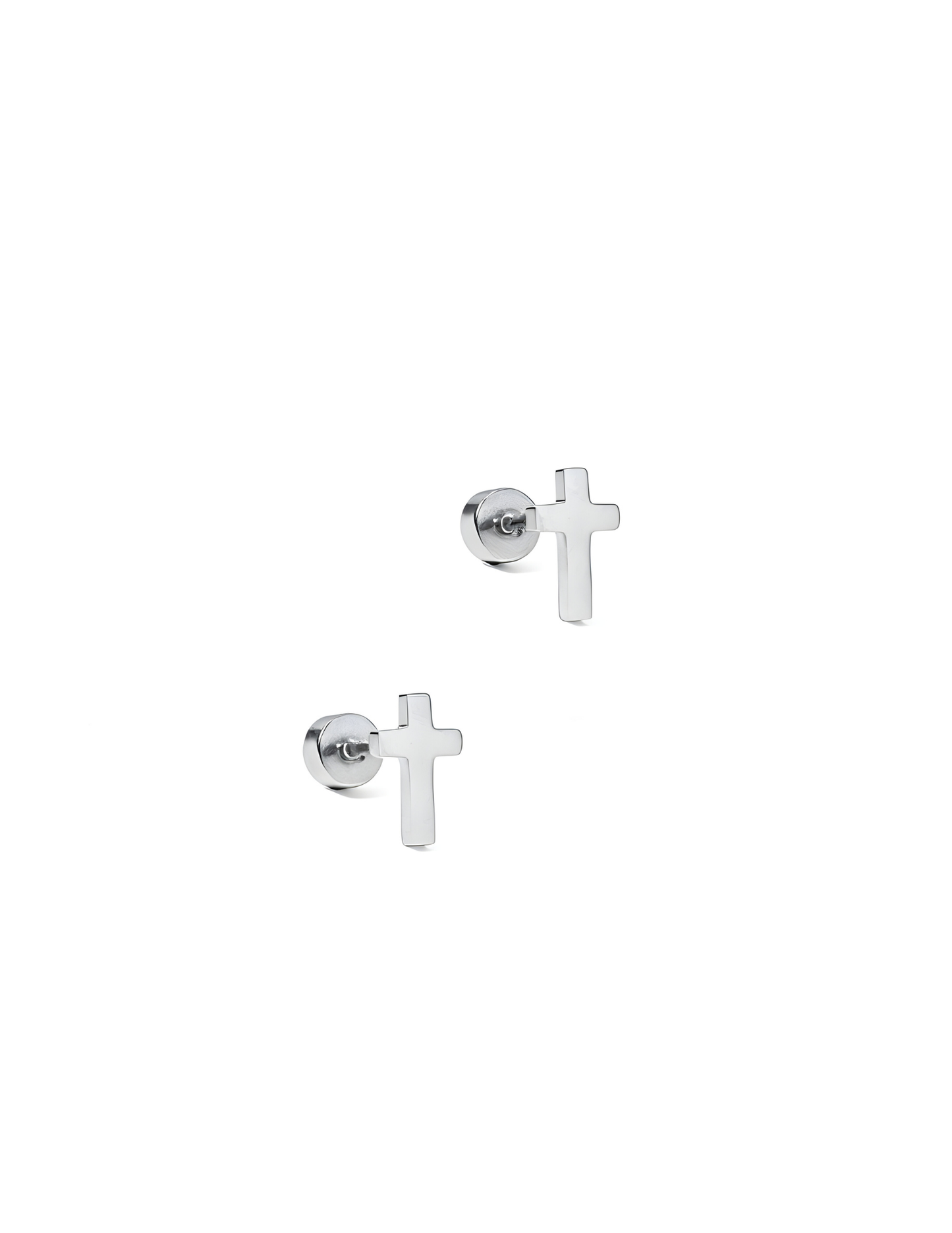 Pair of silver cross-shaped earrings on a white background