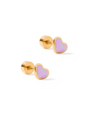 A pair of purple heart-shaped screwback stud earrings with a gold border, displayed against a white background.