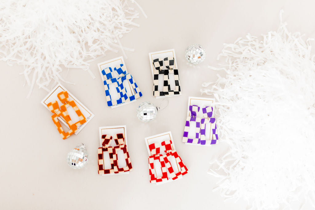 Kennedy Statement Earrings - Orange Checkered