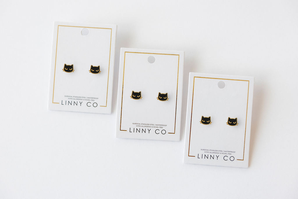 Screwback Stud Earrings - Black Cat