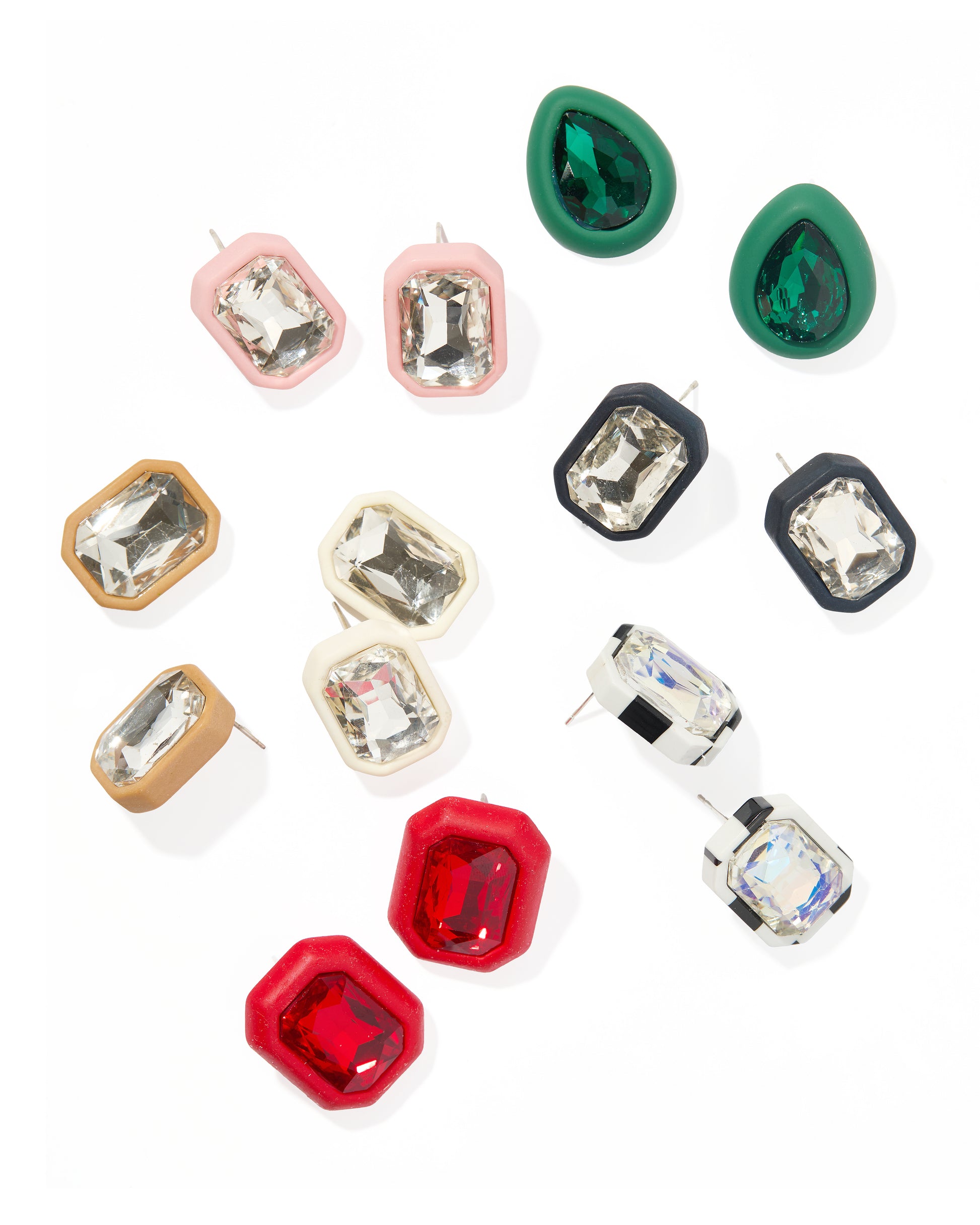 Set of colorful gemstone-style earrings on a white background