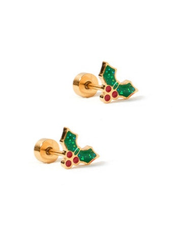 A pair of screwback stud earrings designed to resemble holly berries with green and red enamel on a gold-colored setting.
