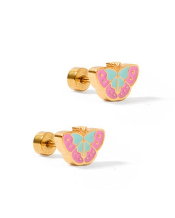 A pair of gold-colored screwback stud earrings featuring a butterfly design with pink and blue glossy enamel.