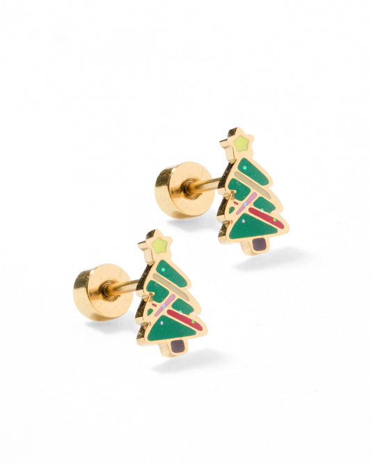 A pair of gold-colored screwback stud earrings designed in the shape of Christmas trees with green and red enamel accents.