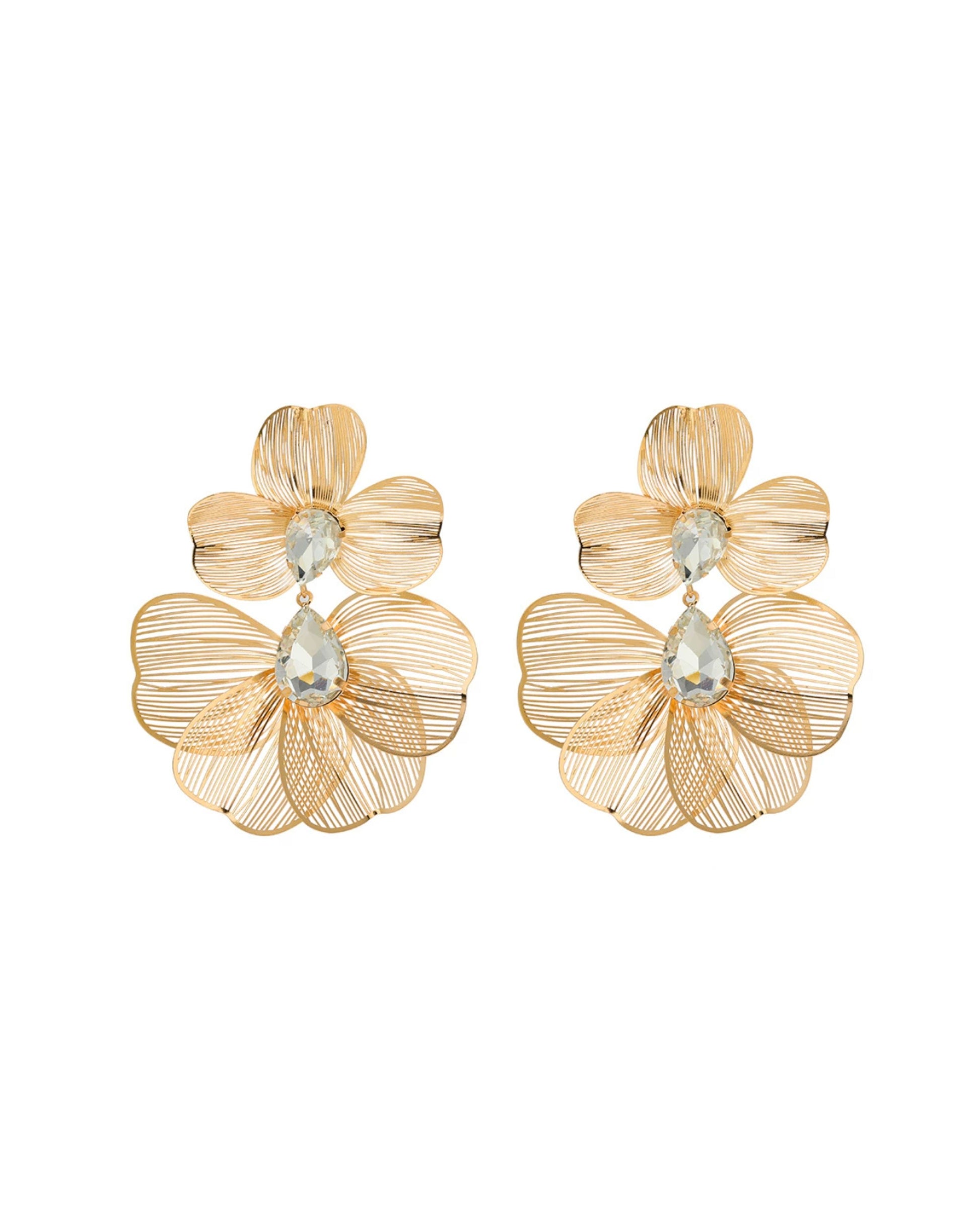 Gold floral earrings with clear gemstones on a white background