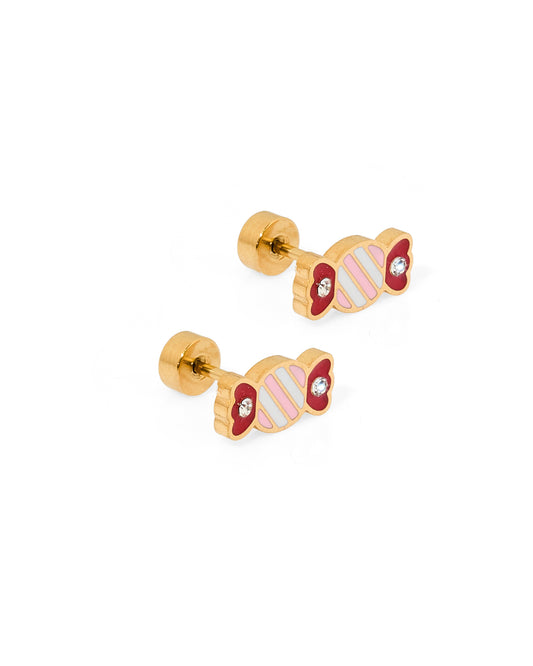 A pair of screwback stud earrings with a christmas taffy hard candy design, featuring pink and white enamel stripes and two sparkling CZ stones.