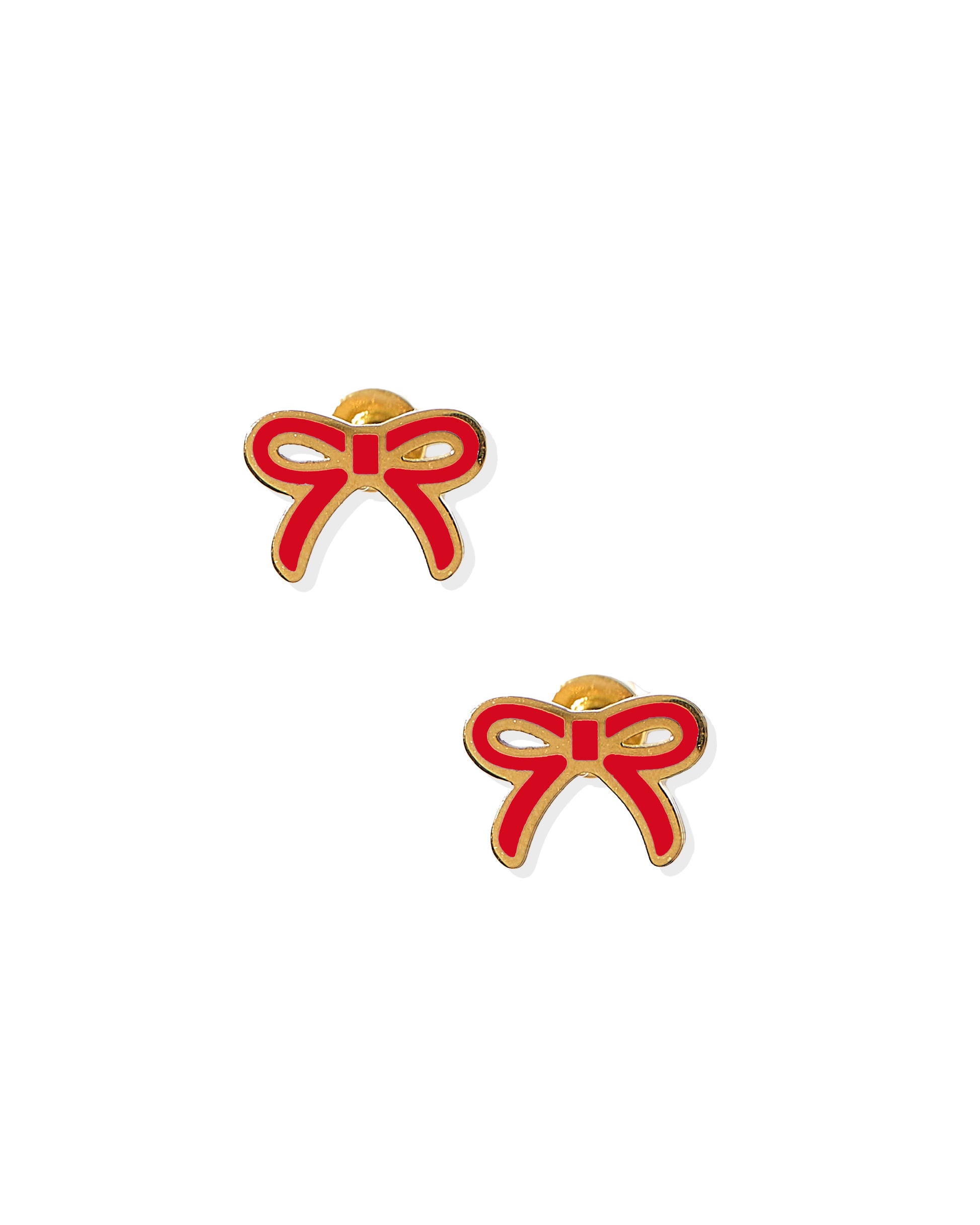 Red bow-shaped earrings on a white background