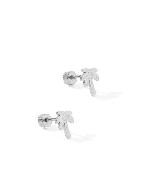 Silver palm tree earrings on a white background