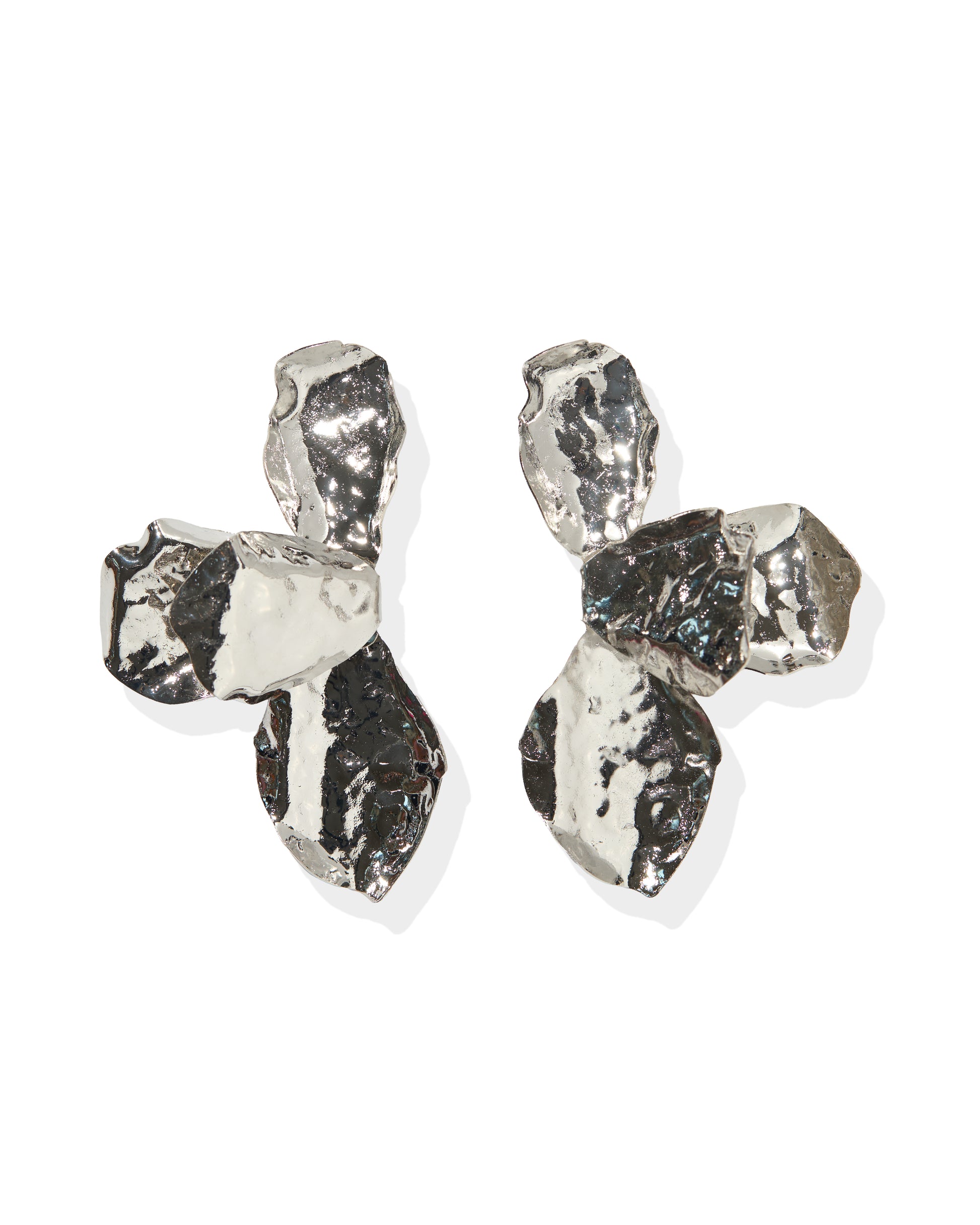 Pair of silver earrings on a white background