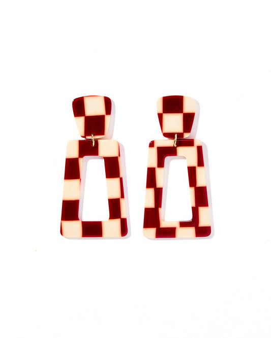 Kennedy Statement Earrings - Maroon Checkered