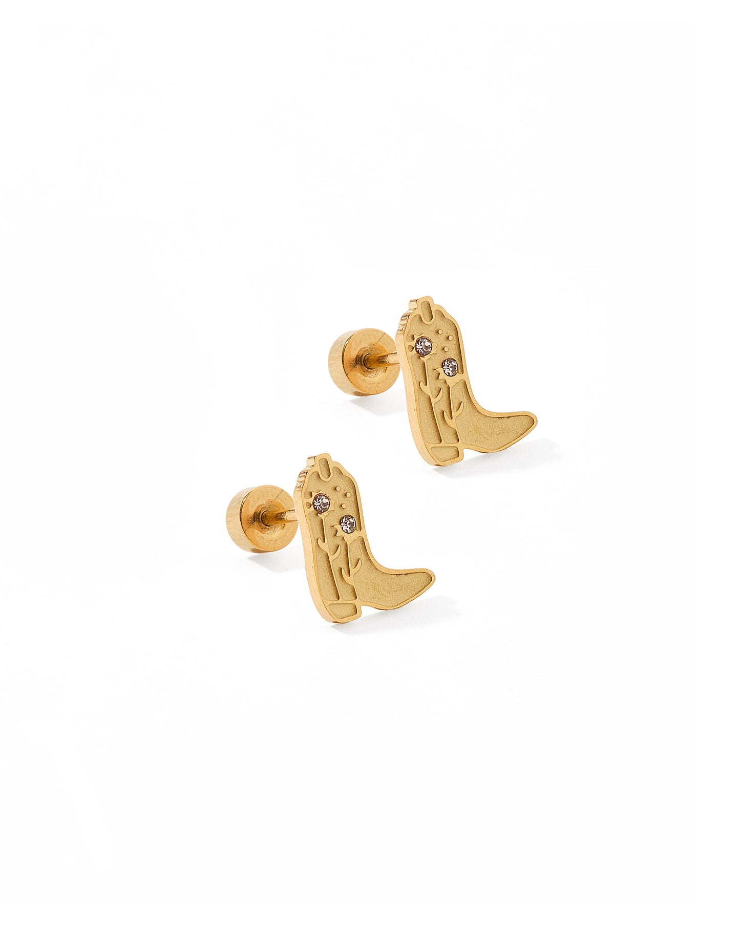 Gold cowboy boot earrings on a white background