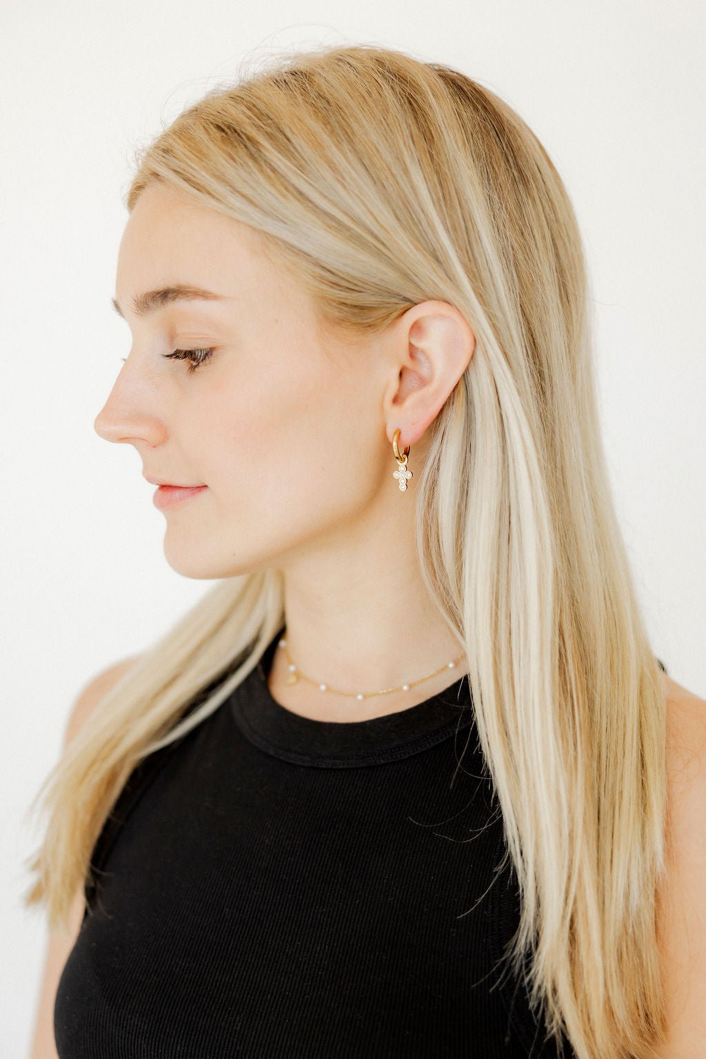 Huggie Charm Earrings - Esther Cross Clear - LINNY CO WholesaleMetals