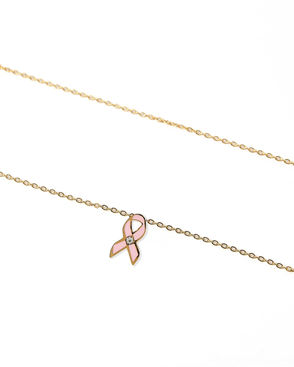 LINNY CO Breast Cancer Ribbon necklace for kids & little girls — hypoallergenic, waterproof stainless steel, detail.