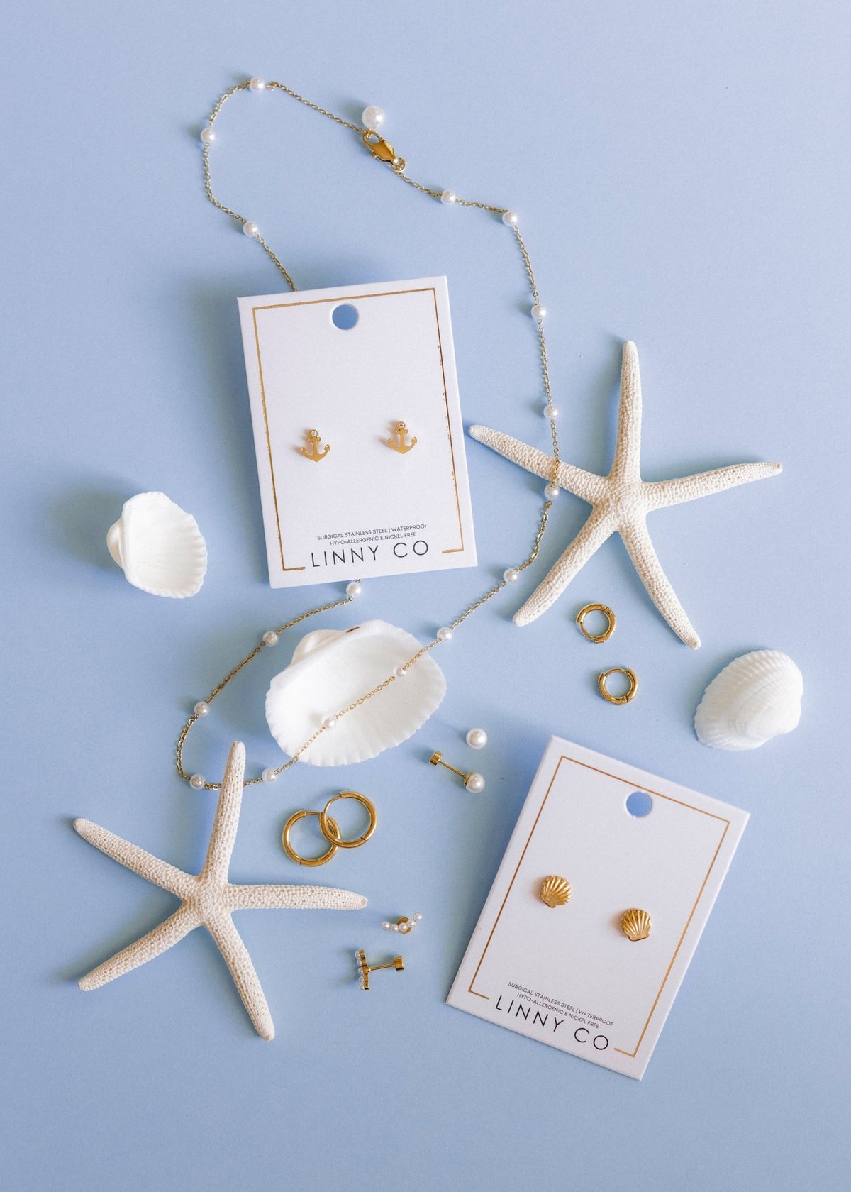 LINNY CO Dabney Pearl Gold necklace for kids & little girls — hypoallergenic, waterproof stainless steel, flat-lay styling.