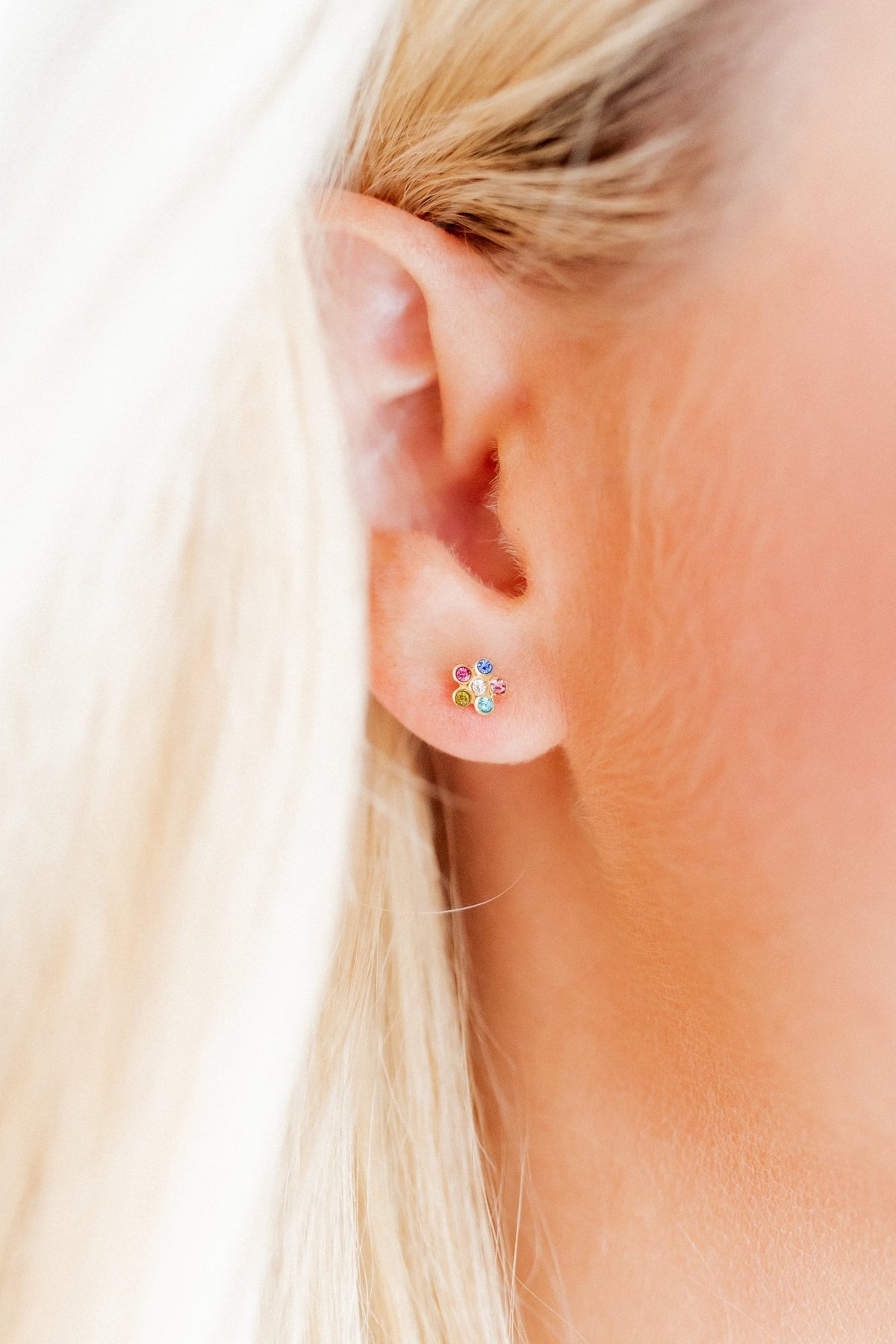 LINNY CO Lyla Flower Multi screwback stud earrings for kids & little girls — hypoallergenic, waterproof stainless steel with secure screwback backs, shown on model.