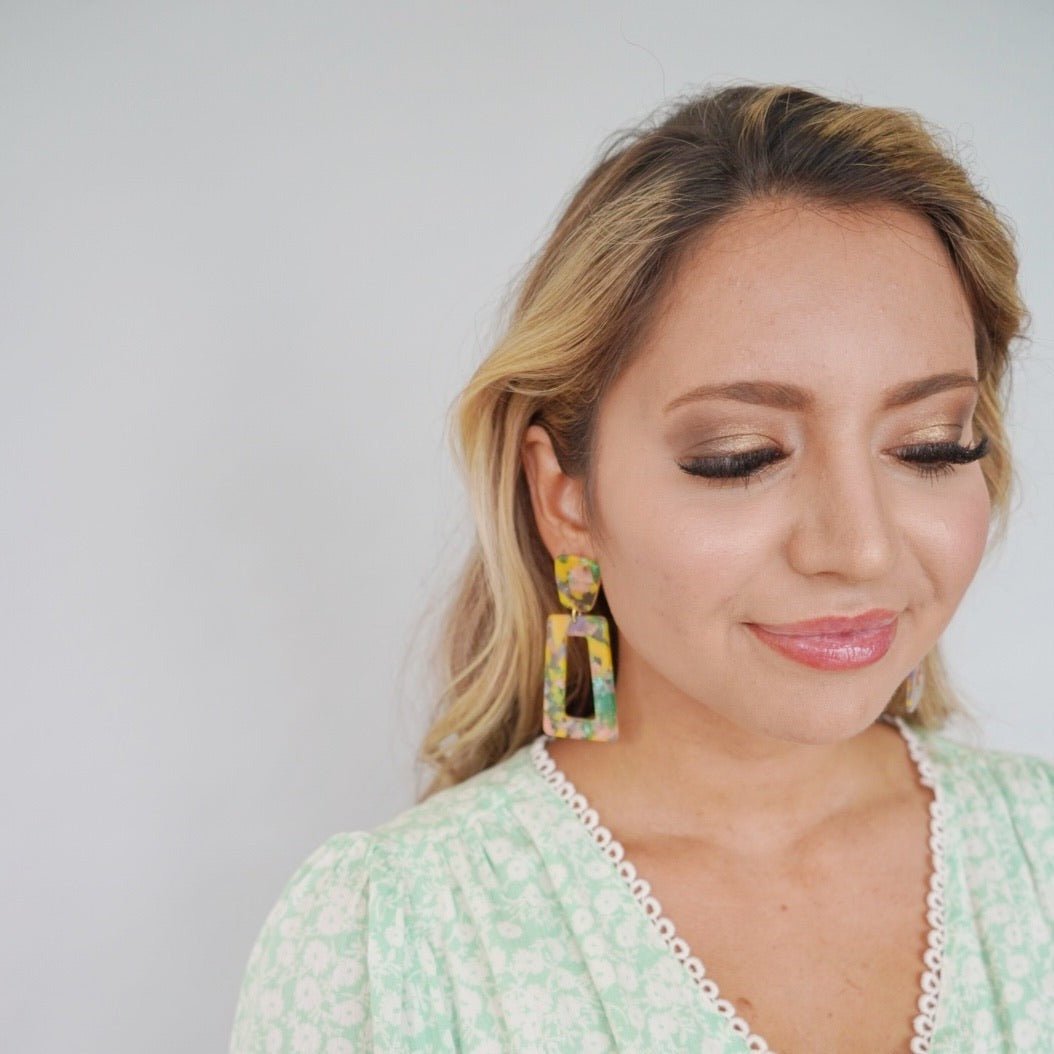 Kennedy Statement Earrings - Pink - Green Confetti - LINNY CO WholesaleAcetate