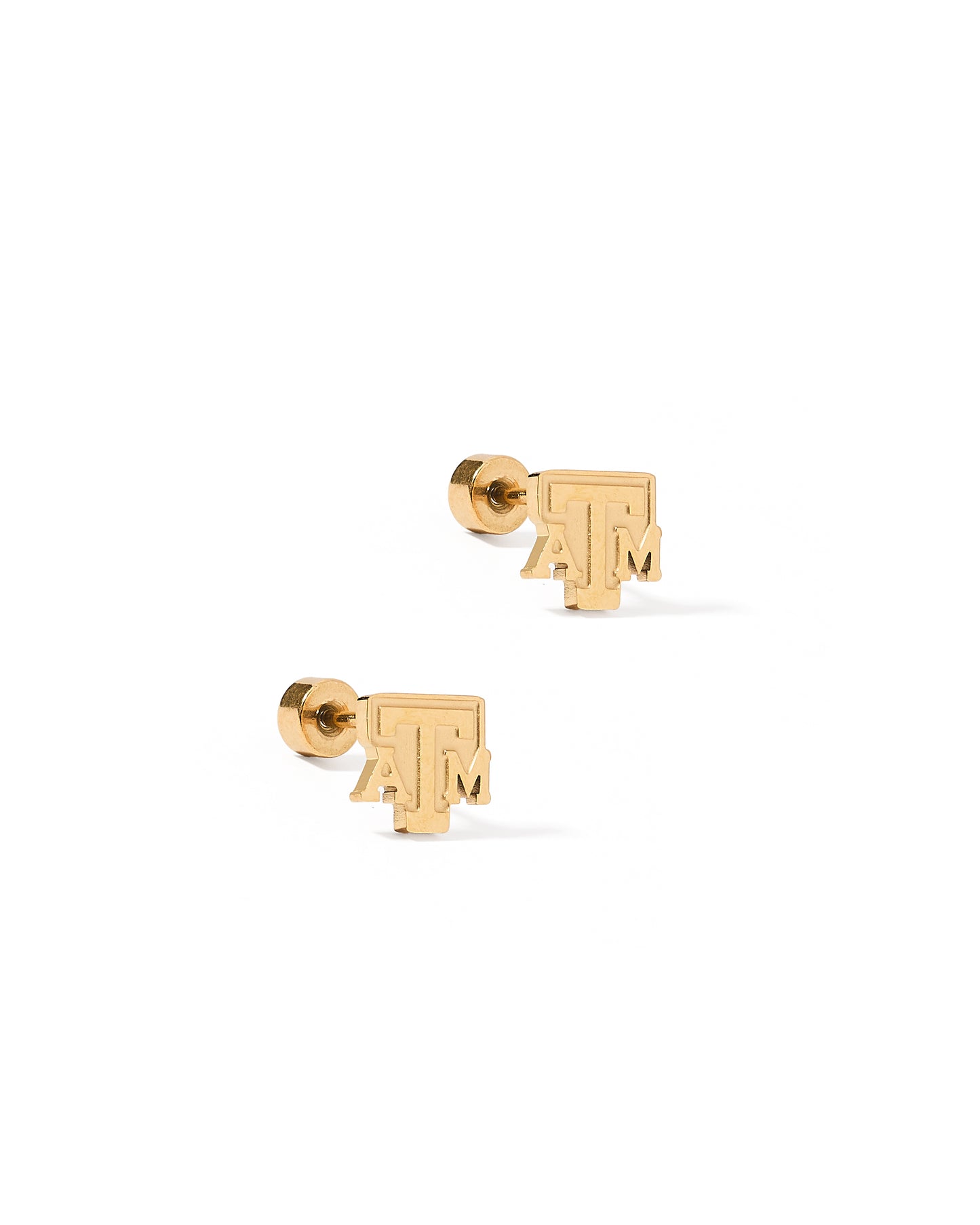 Gold earrings with Texas A&M logo on a white background