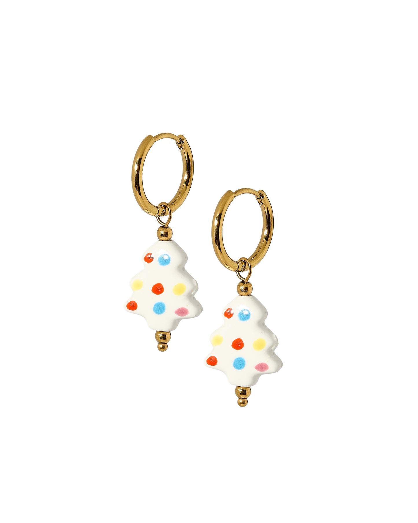 Gold hoop earrings with white tree-shaped charms featuring colorful dots on a white background
