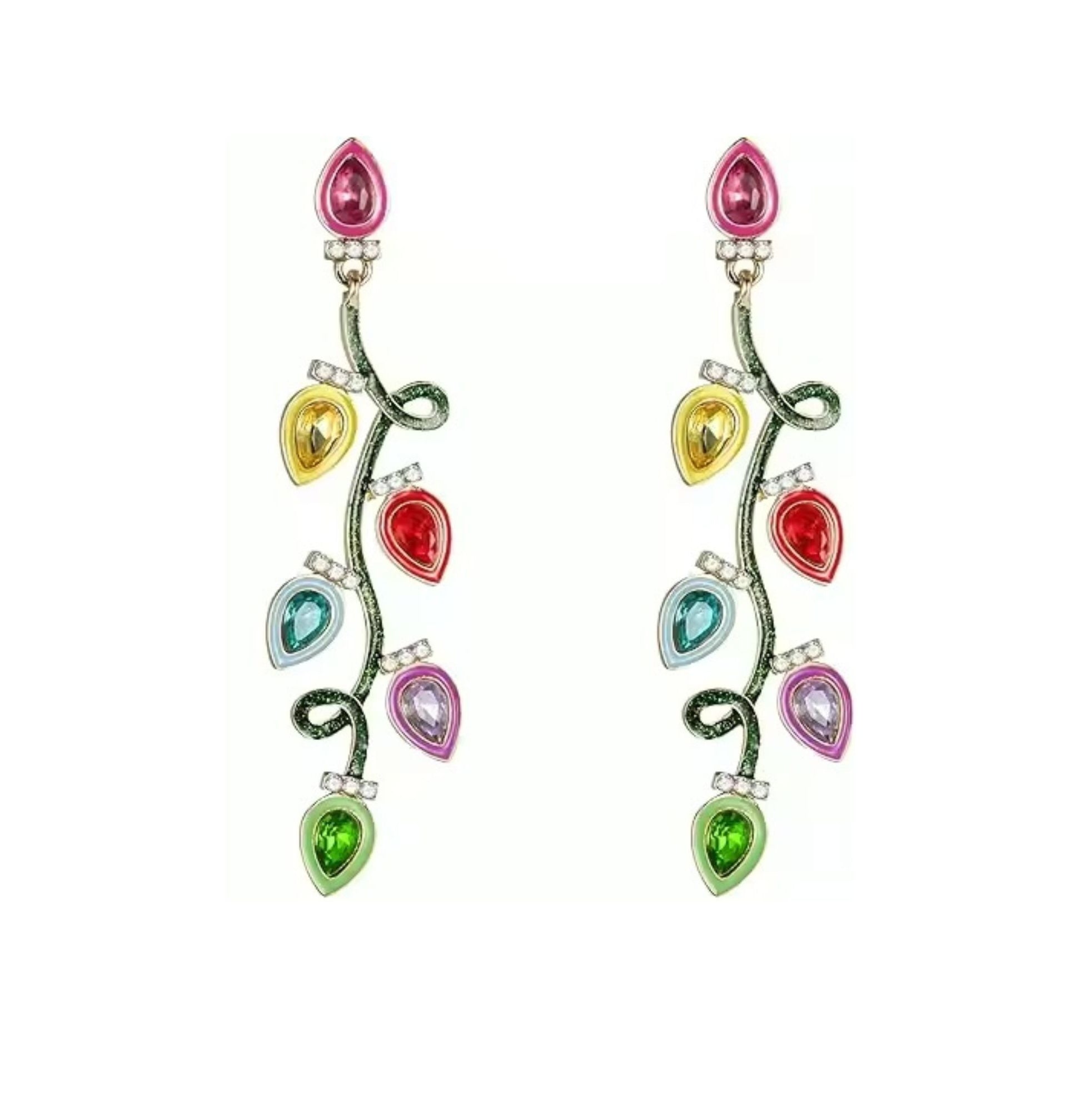 Multicolored teardrop christmas light earrings on a white background