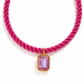 Pink rope necklace with a pink gemstone pendant on a white background