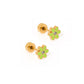 Pair of gold flower-shaped earrings with green petals on a white background