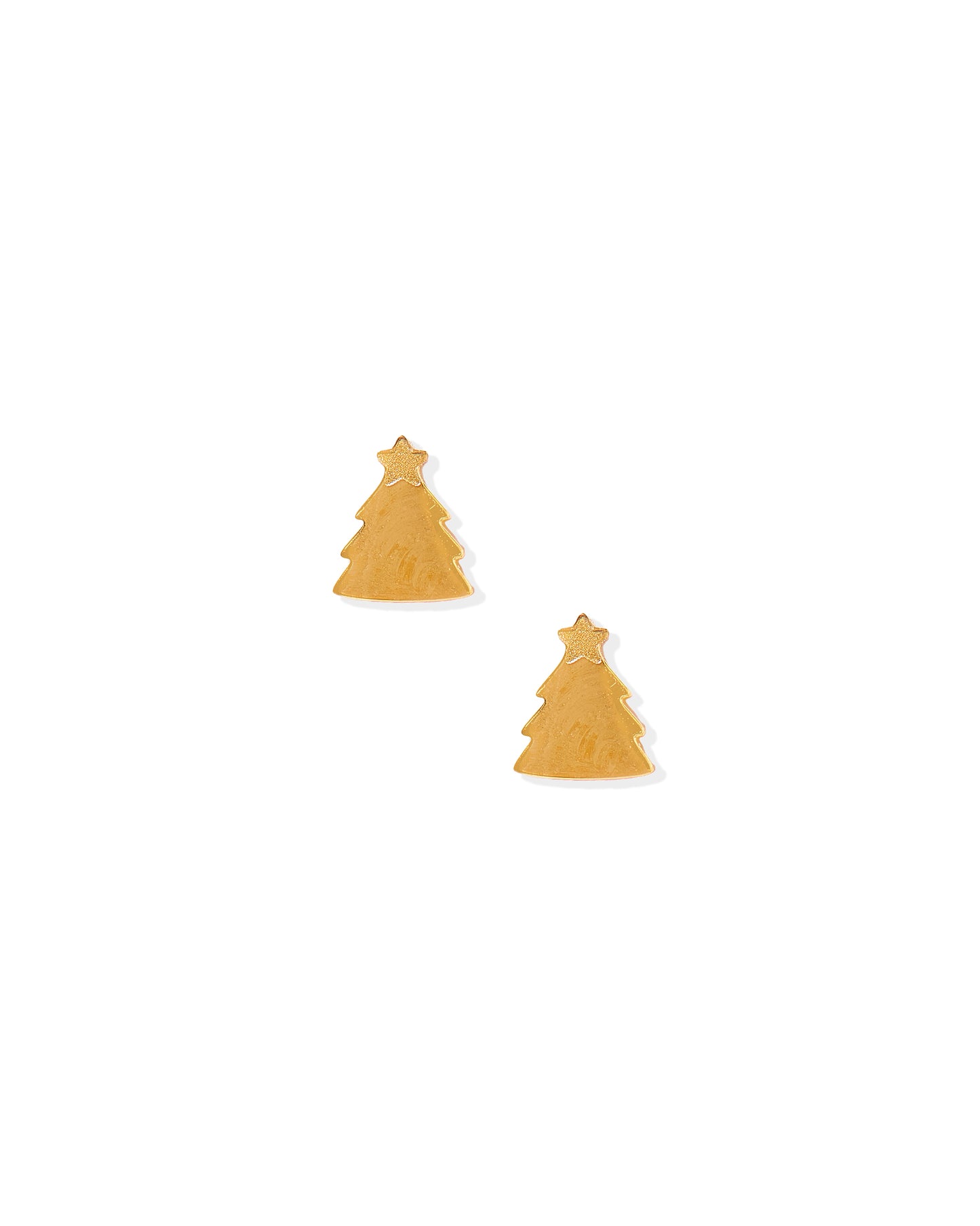 Gold Christmas tree-shaped earrings on a white background