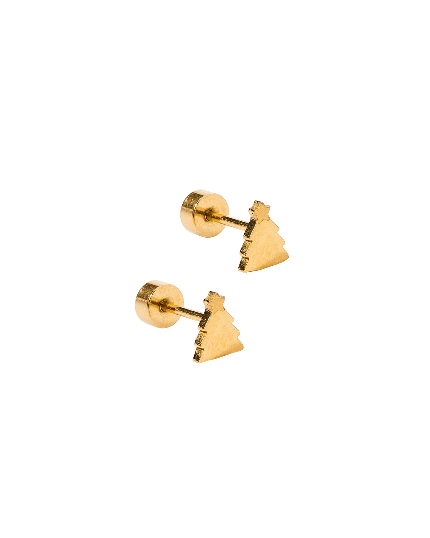 Pair of gold Christmas tree-shaped earrings on a white background