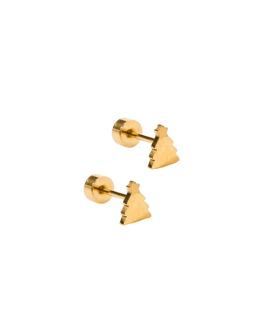 Pair of gold Christmas tree-shaped earrings on a white background