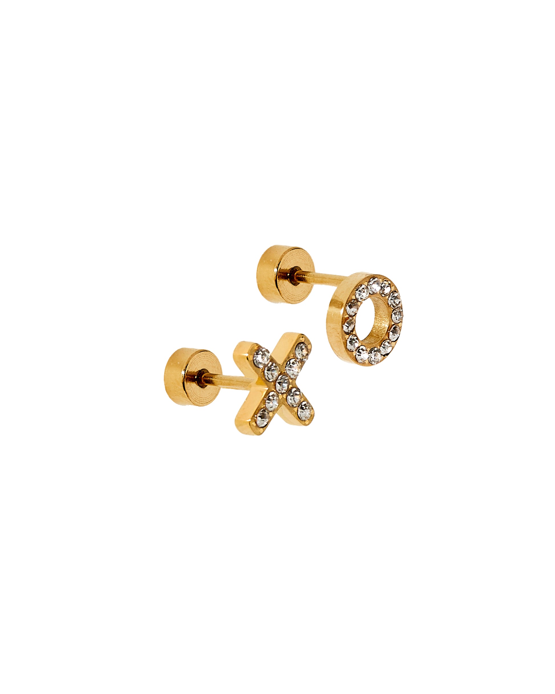 Gold earrings with 'X' design on a white background