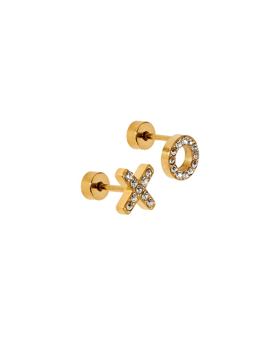 Gold earrings with 'X' design on a white background