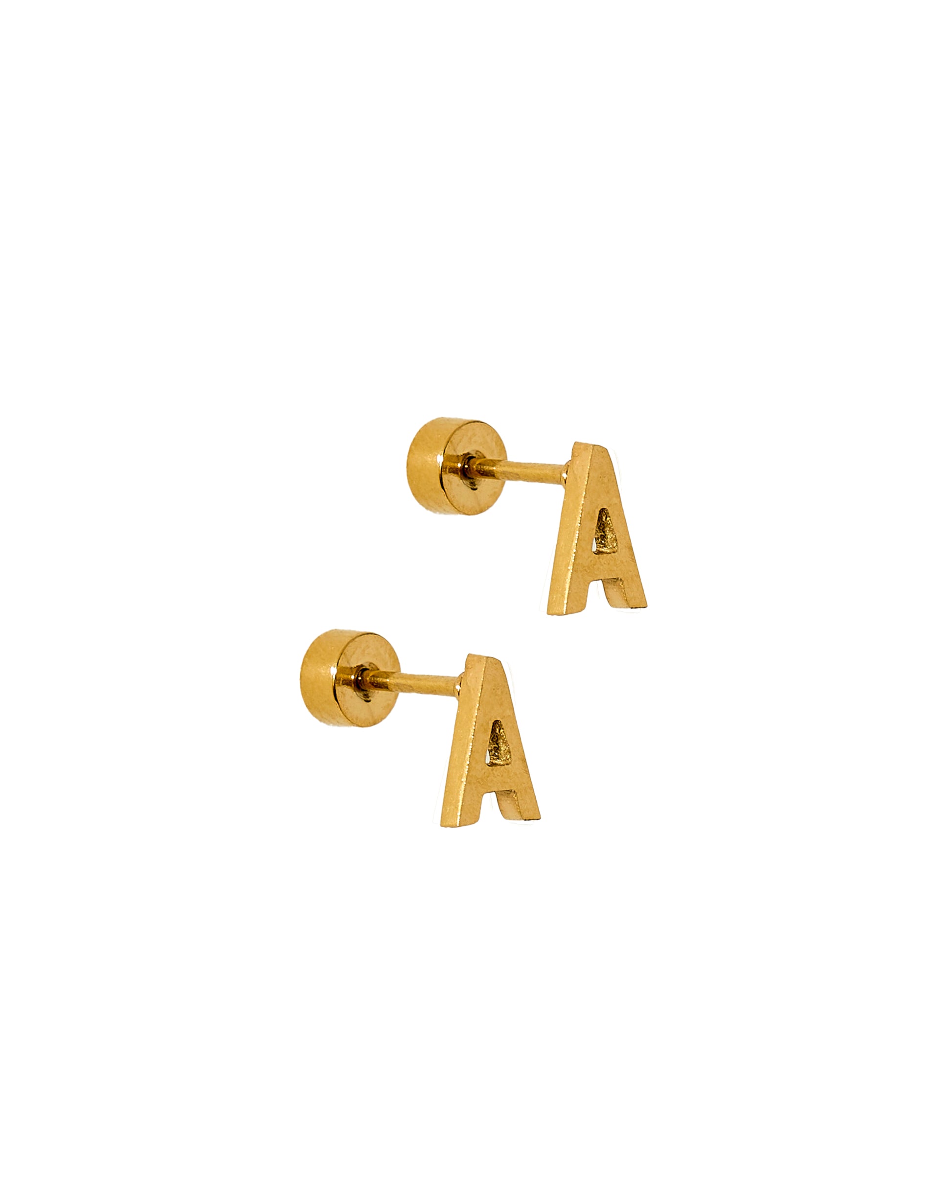 Gold letter 'A' earrings on a white background