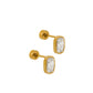 Gold earrings with clear gemstones on a white background