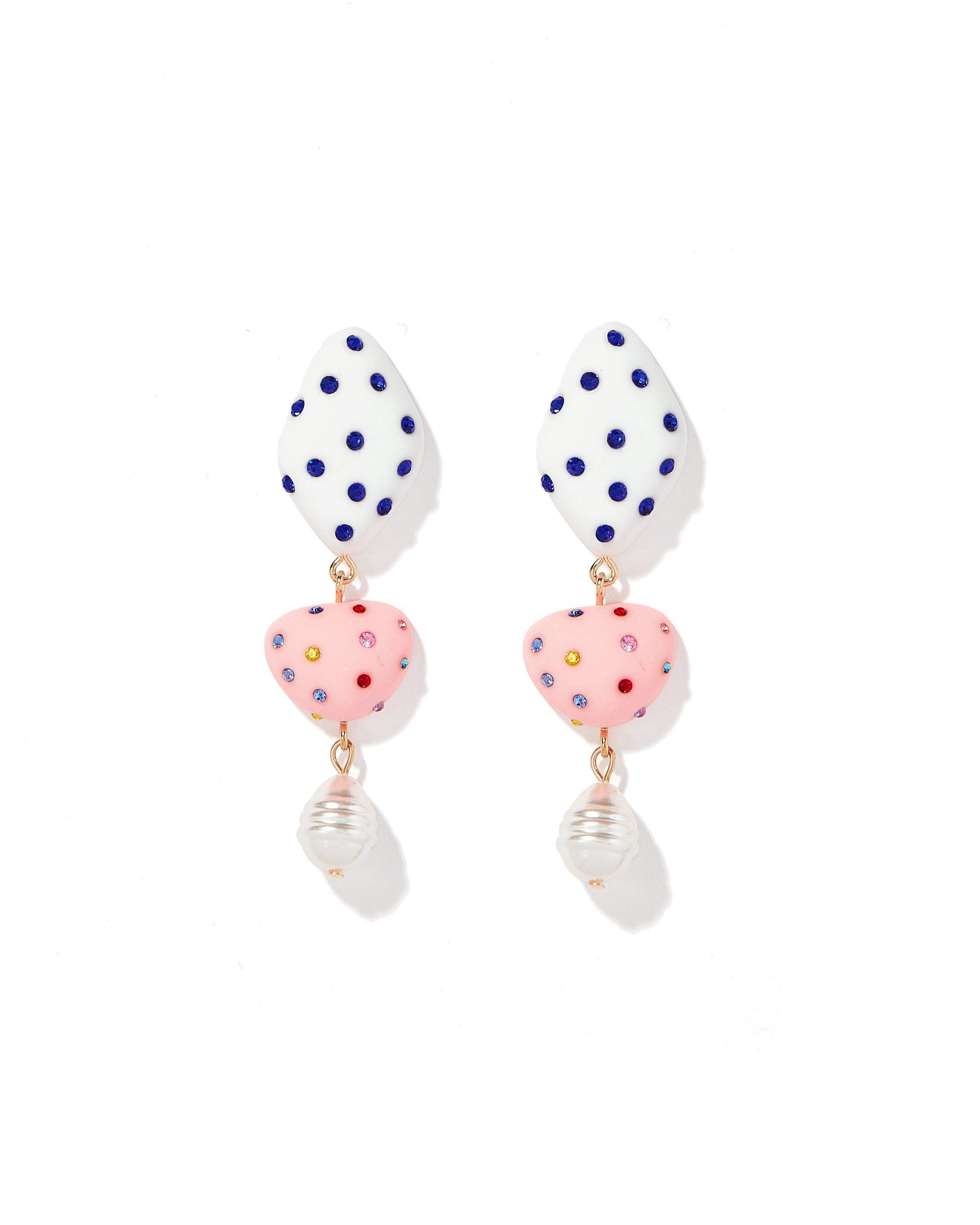 Pair of earrings with white teardrop-shaped beads, pink polka dot beads, and gold accents on a white background.