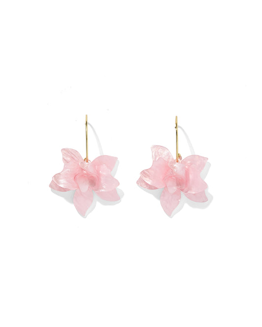 Pair of pink floral earrings on a white background