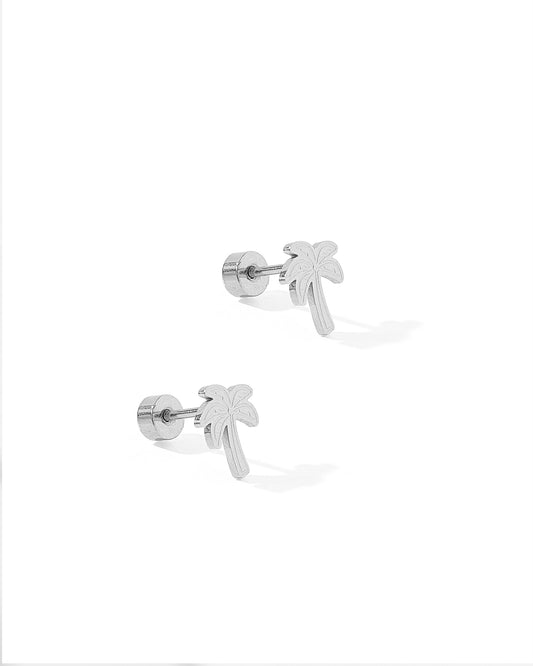 Screwback Stud Earrings - Palm Tree Silver