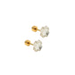 Pair of gold earrings with floral designs on a white background
