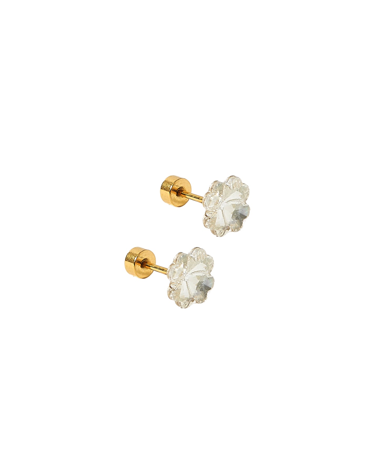 Pair of gold earrings with floral designs on a white background