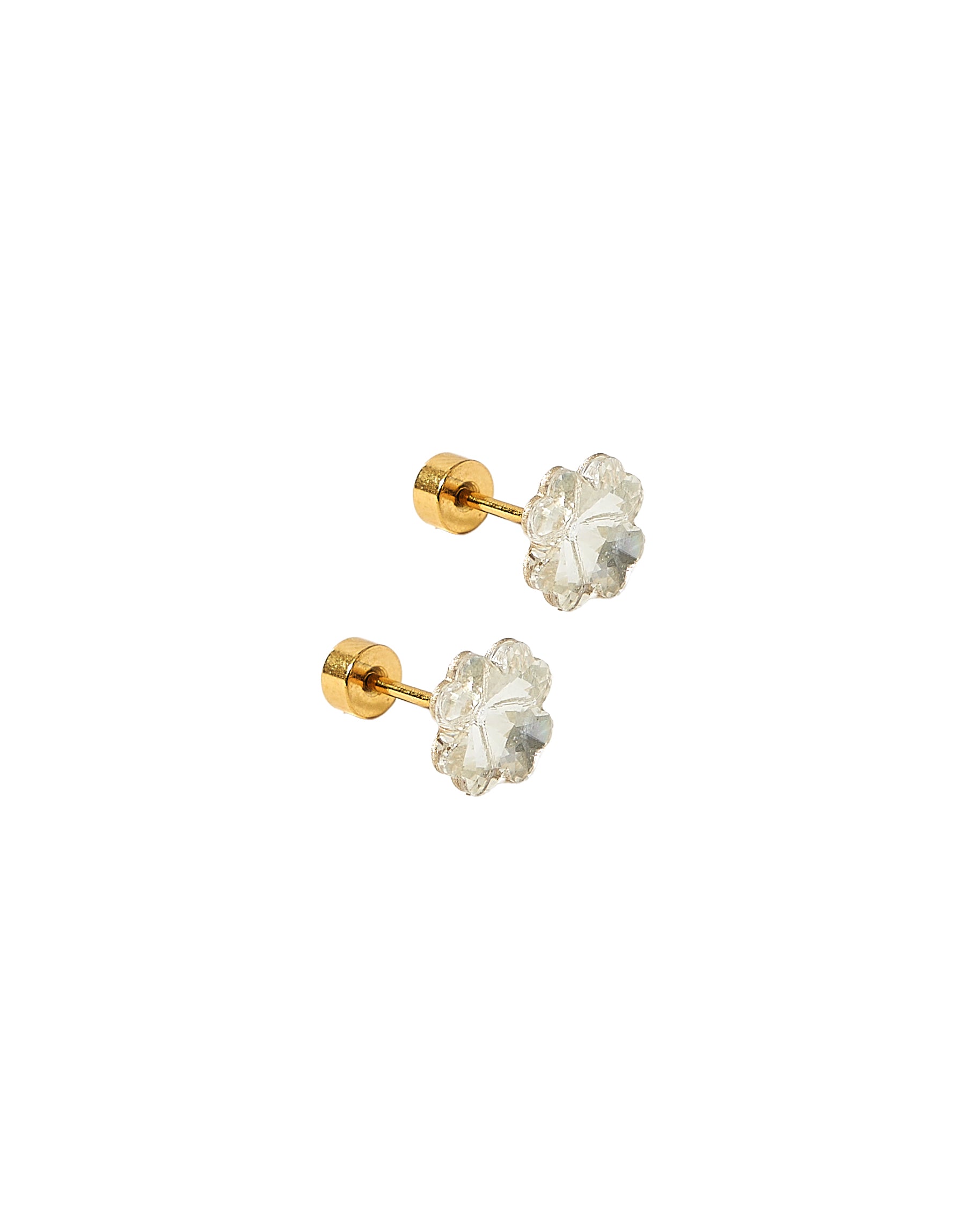 Pair of gold earrings with floral designs on a white background