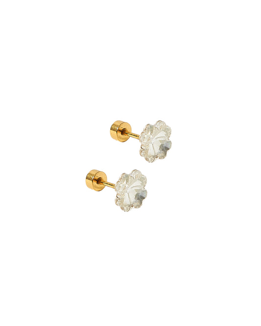 Pair of gold earrings with floral designs on a white background