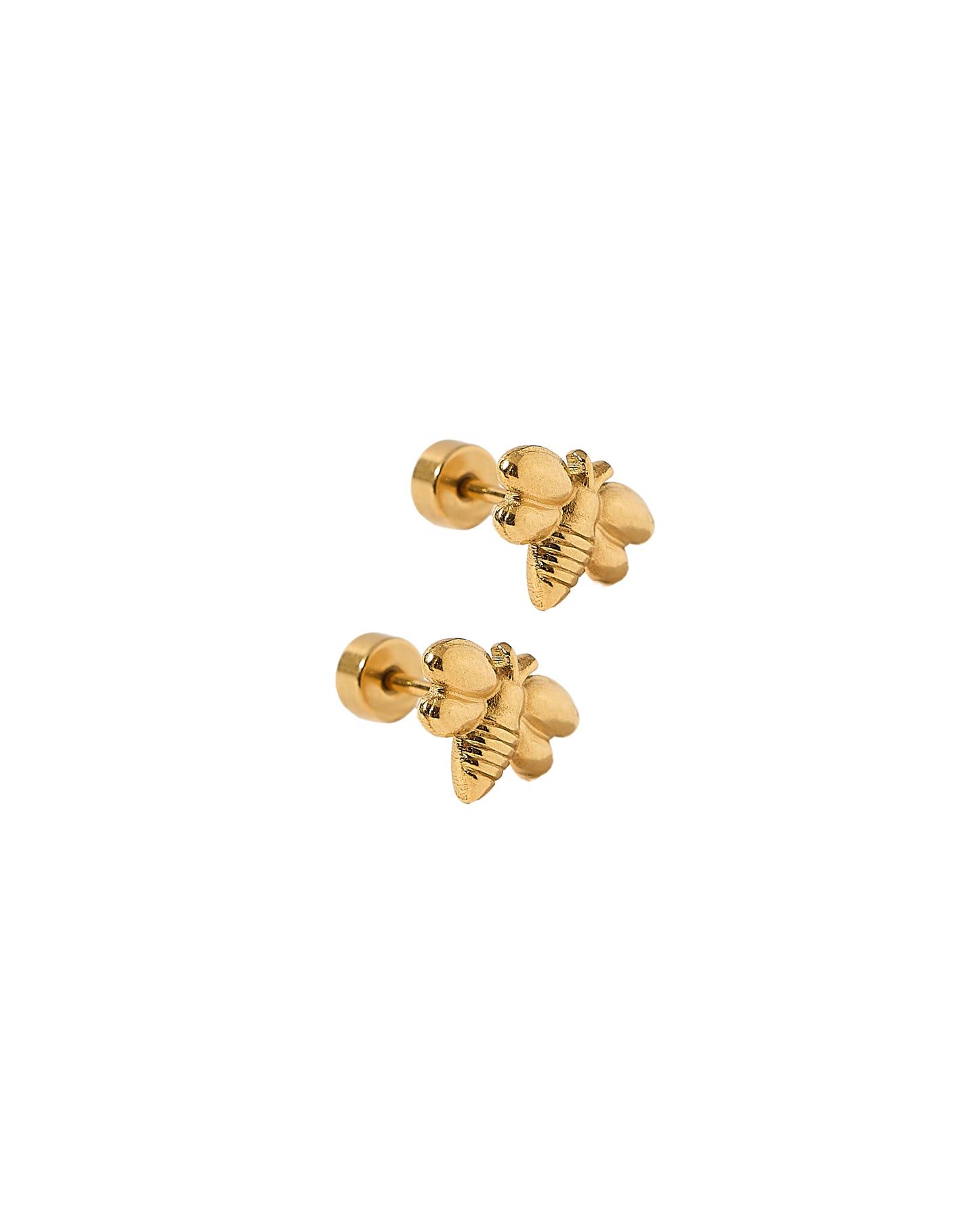 Pair of gold bee-shaped earrings on a white background