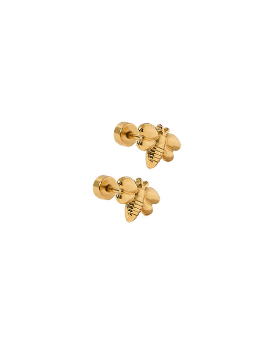 Pair of gold bee-shaped earrings on a white background