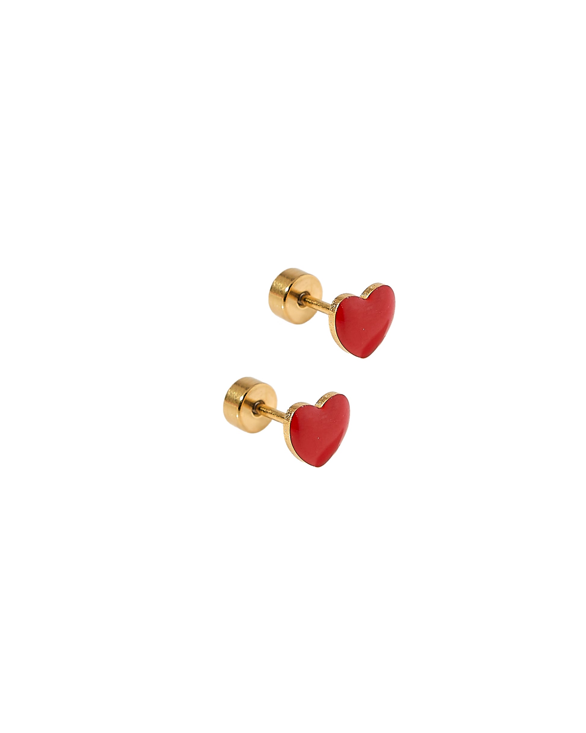 Heart-shaped earrings with gold posts on a white background