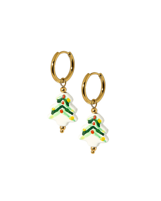 Huggie Charm Earrings - Christmas Tree White