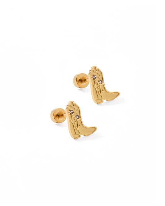 Gold cowboy boot earrings on a white background