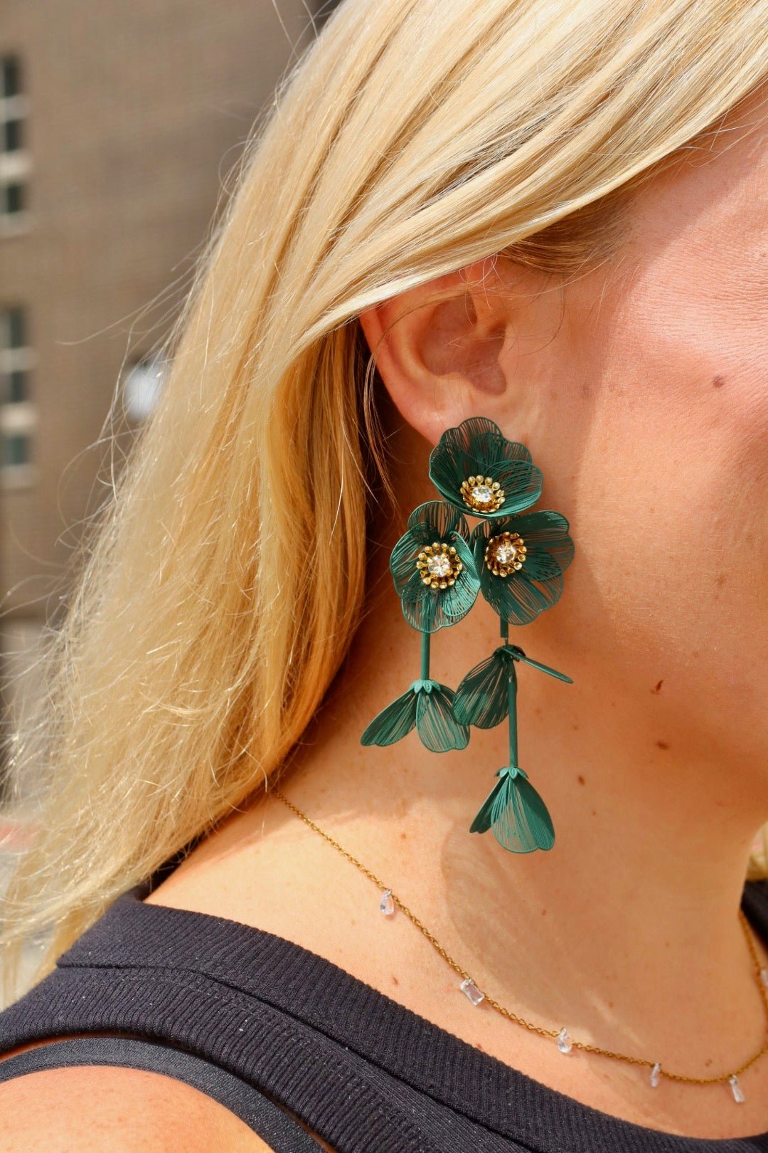 Audrey Flower Statement Earrings - Green - LINNY CO WholesaleMetal