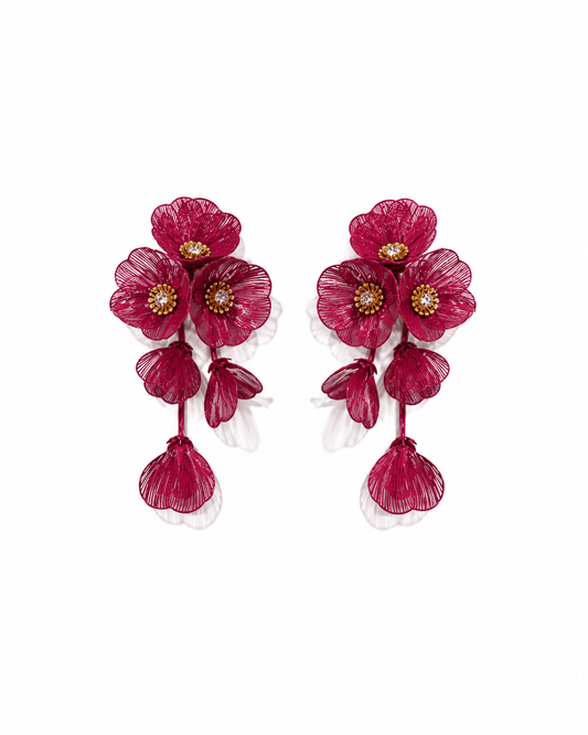 Audrey Flower Statement Earrings - Maroon - LINNY CO WholesaleMetal