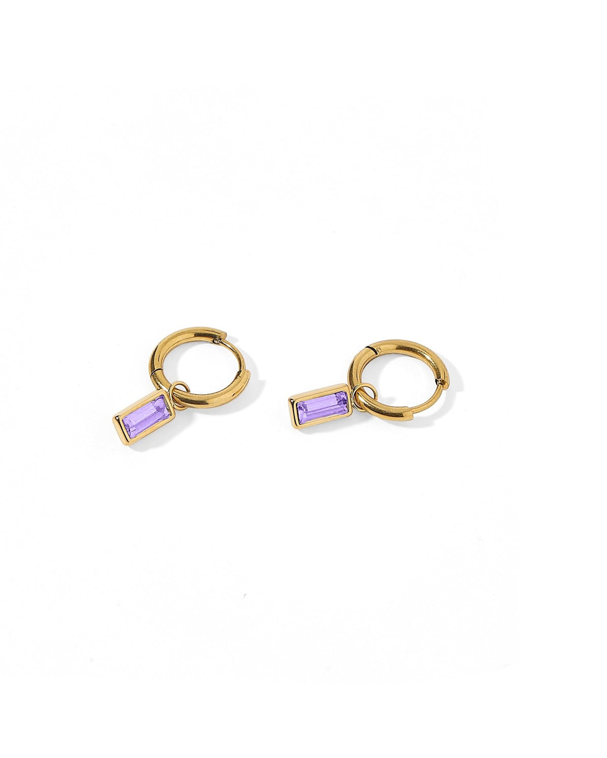 LINNY CO Edith Lavender Gold huggie earrings for kids & little girls — hypoallergenic, waterproof stainless steel, detail.