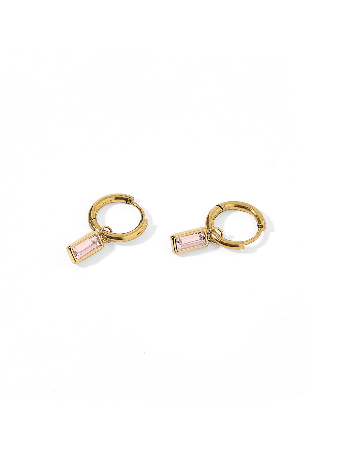 LINNY CO Edith Pink Gold huggie earrings for kids & little girls — hypoallergenic, waterproof stainless steel, detail.