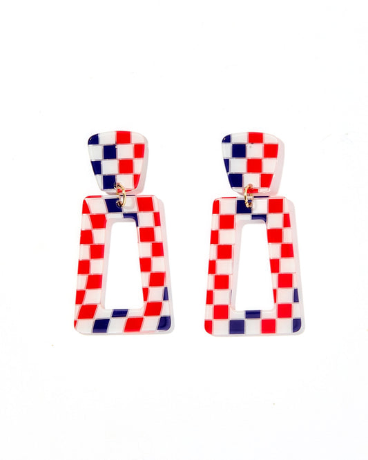 Kennedy Statement Earrings - Blue and Red Checkered - LINNY CO WholesaleAcetate