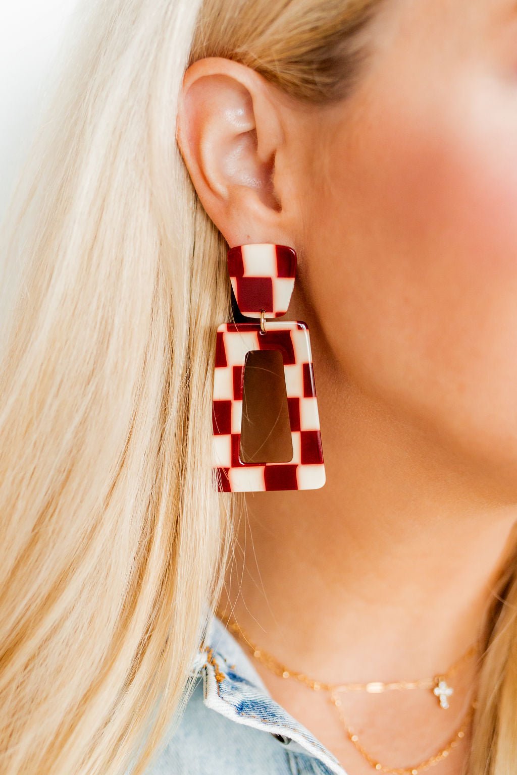 Kennedy Statement Earrings - Maroon Checkered - LINNY CO WholesaleAcetate